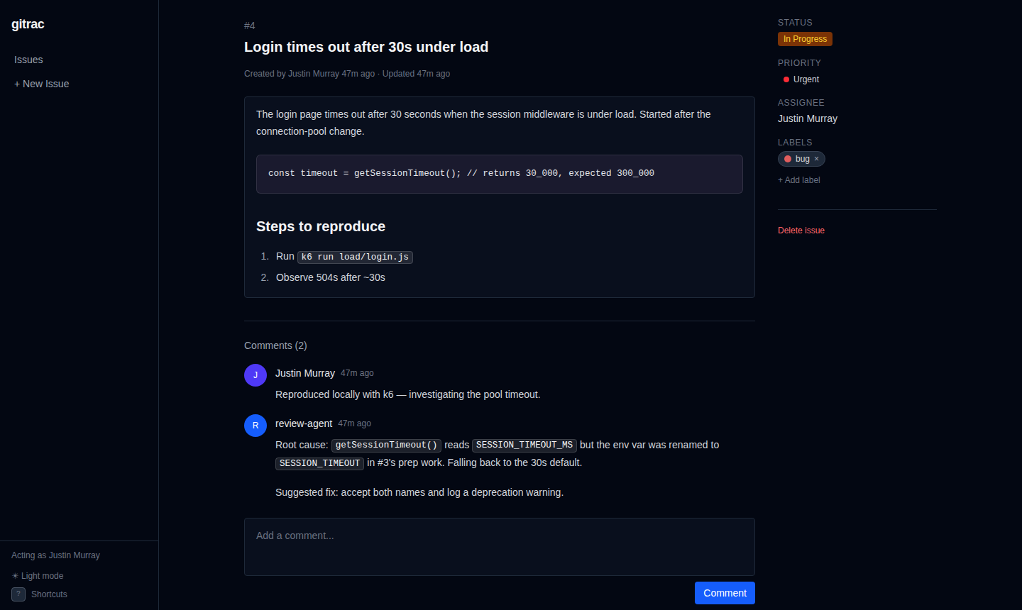 An issue in the gitrac web UI with its description, comments, status, priority and labels
